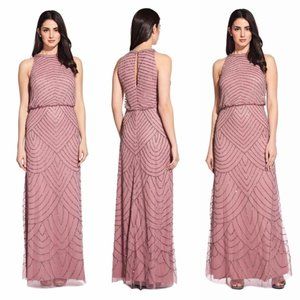 Adrianna Papell Art Deco Beaded Blouson Dress w/ Halter Neckline in Rose Mercury